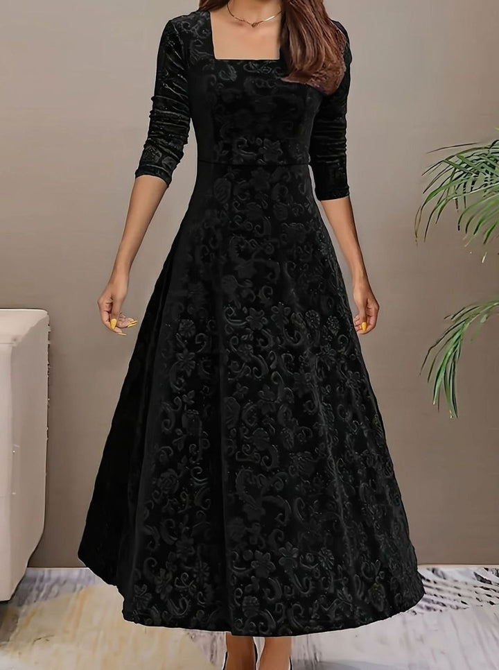 Women's Square Neck Velvet Floral Party Dress Full Skirt - Black