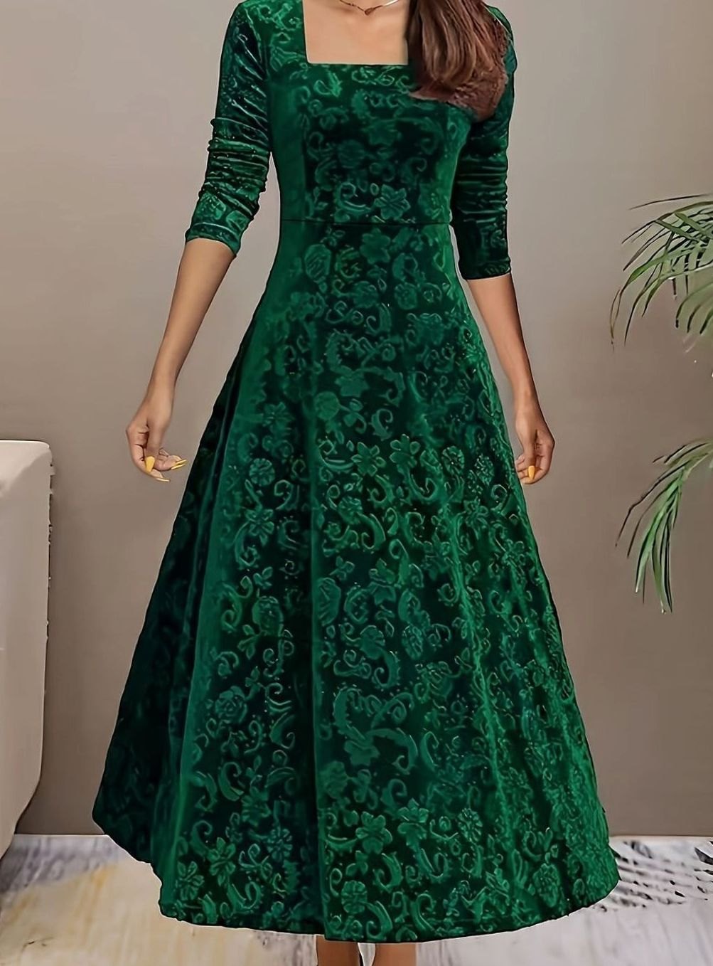 Women's Square Neck Velvet Floral Party Dress Full Skirt