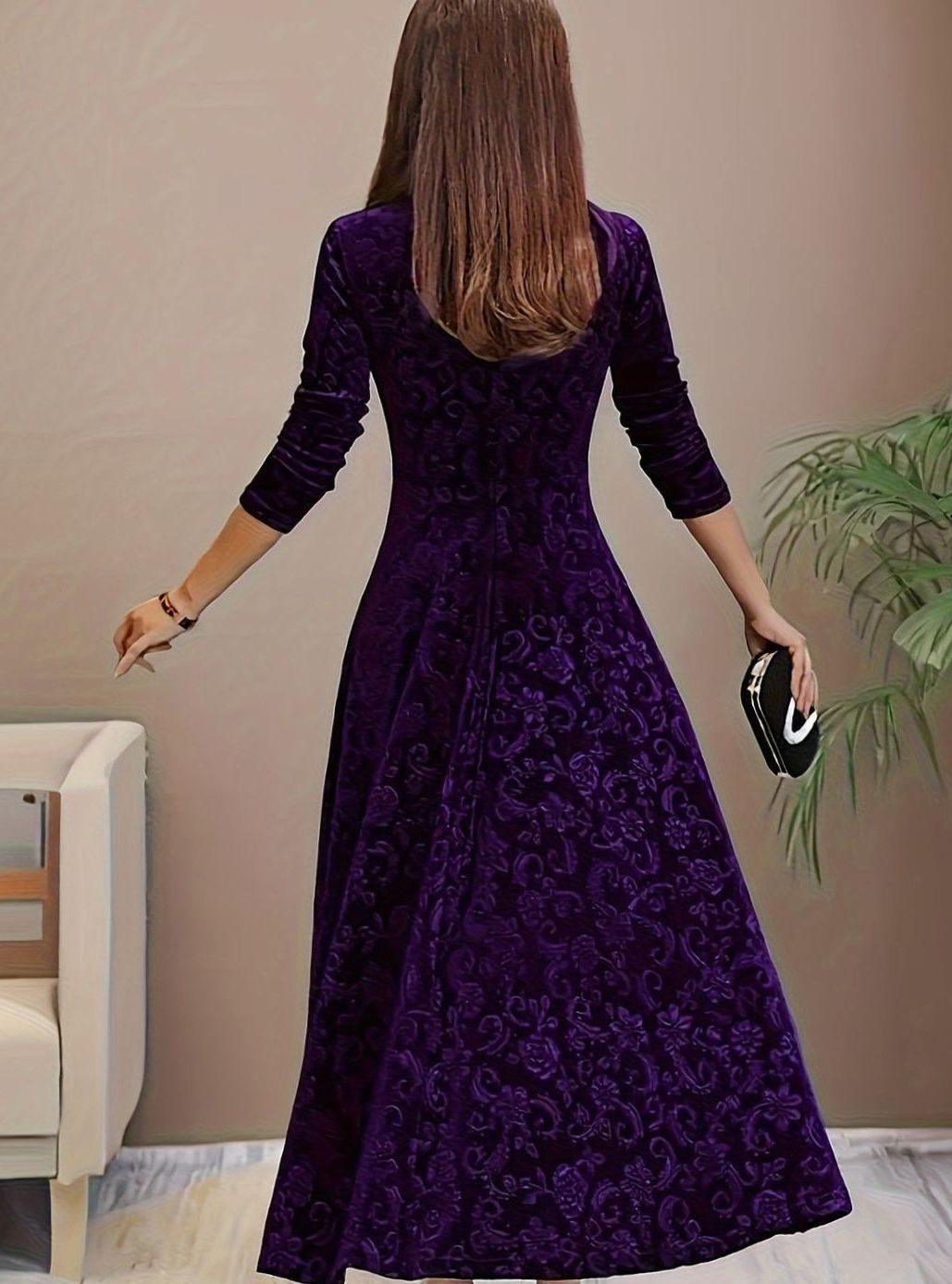 Women's Square Neck Velvet Floral Party Dress Full Skirt