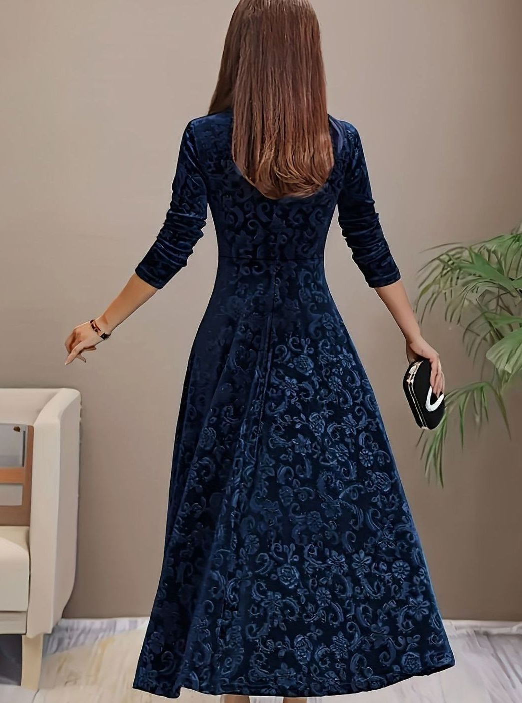 Women's Square Neck Velvet Floral Party Dress Full Skirt