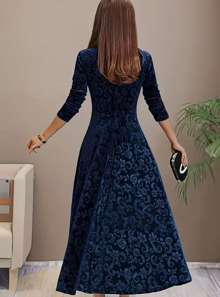 Women's Square Neck Velvet Floral Party Dress Full Skirt