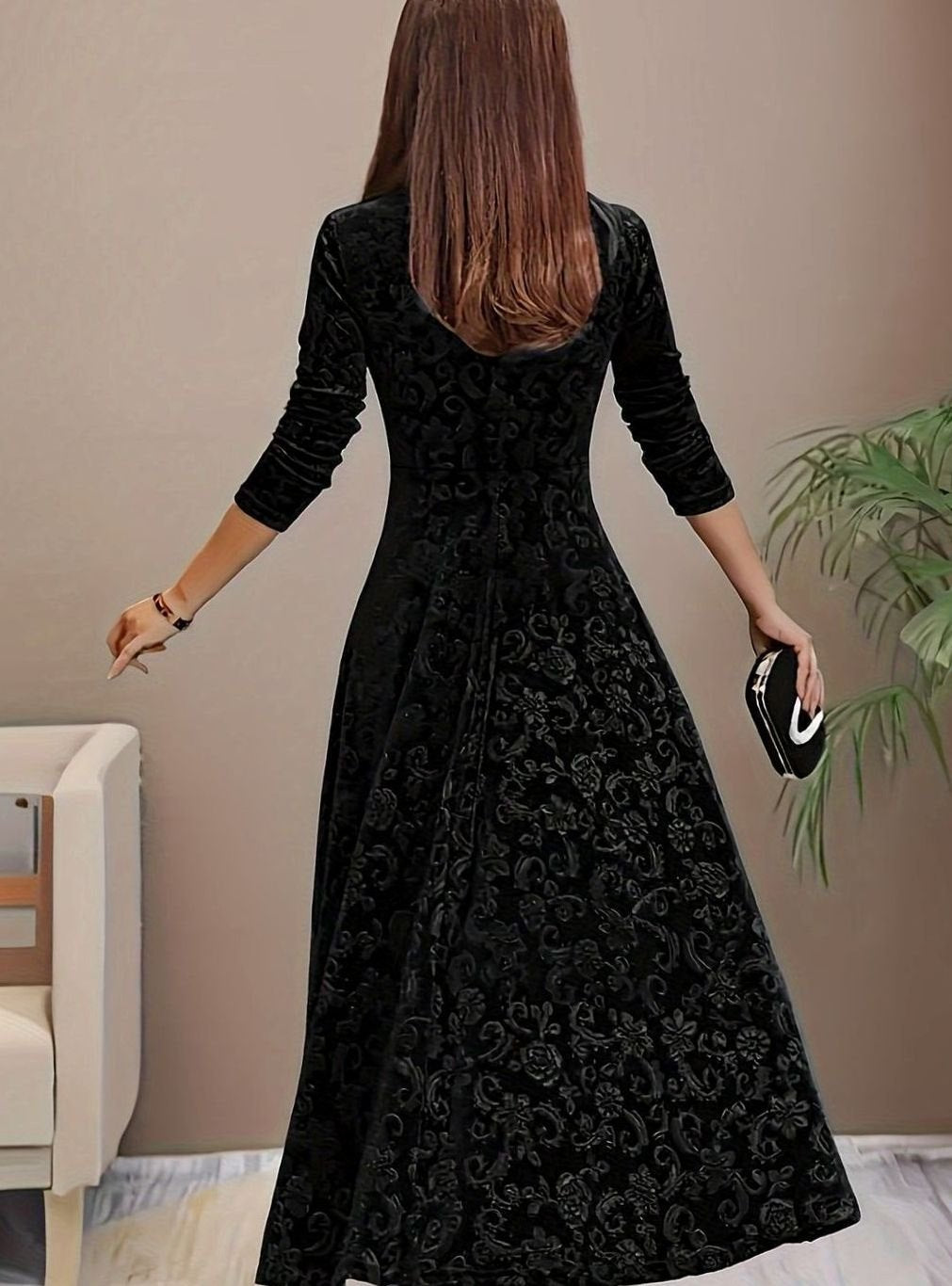 Women's Square Neck Velvet Floral Party Dress Full Skirt