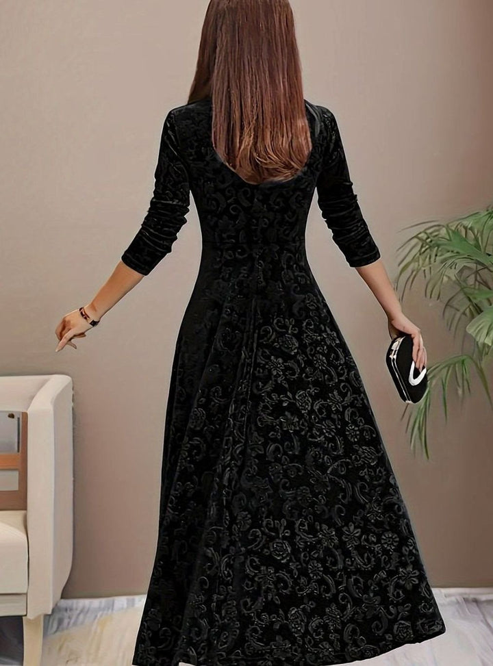 Women's Square Neck Velvet Floral Party Dress Full Skirt