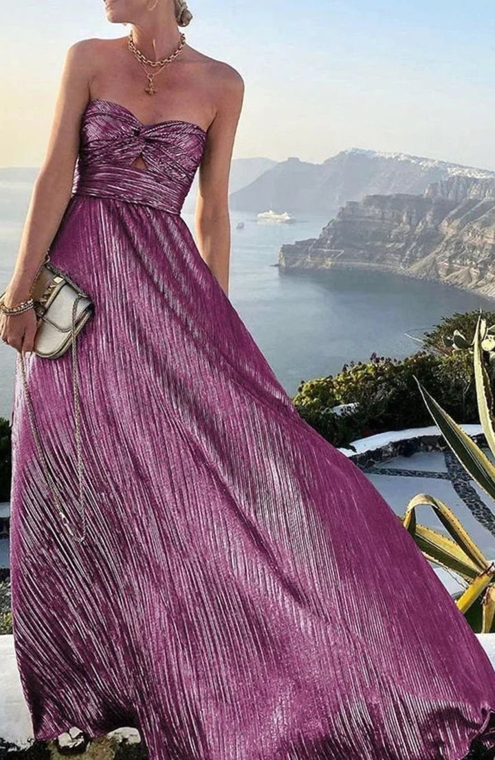 Women's Strapless Pleated Metallic Maxi Wedding Guest Dress - Sparkling Wine