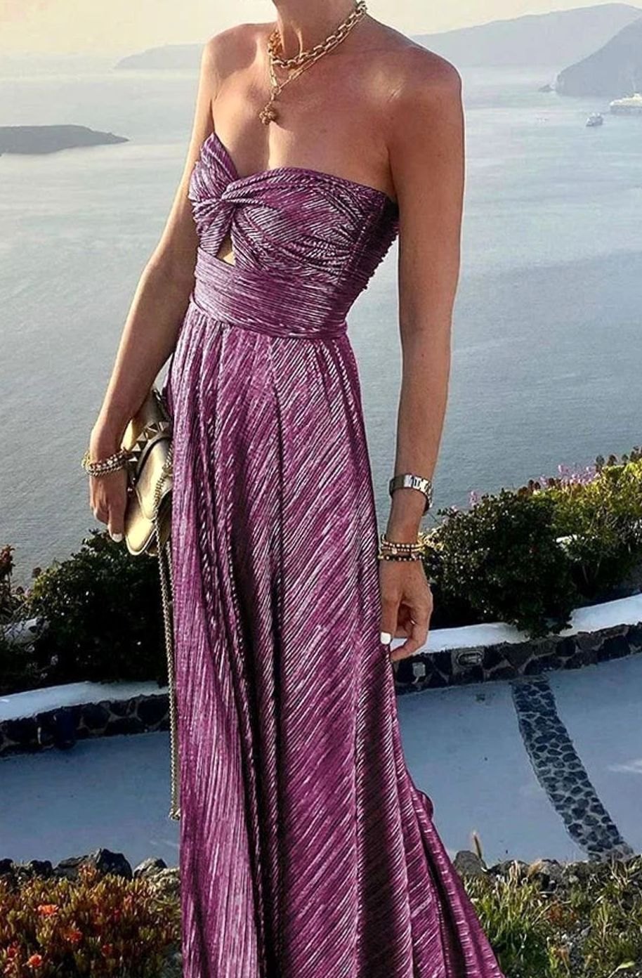 Women's Strapless Pleated Metallic Maxi Wedding Guest Dress - Purple
