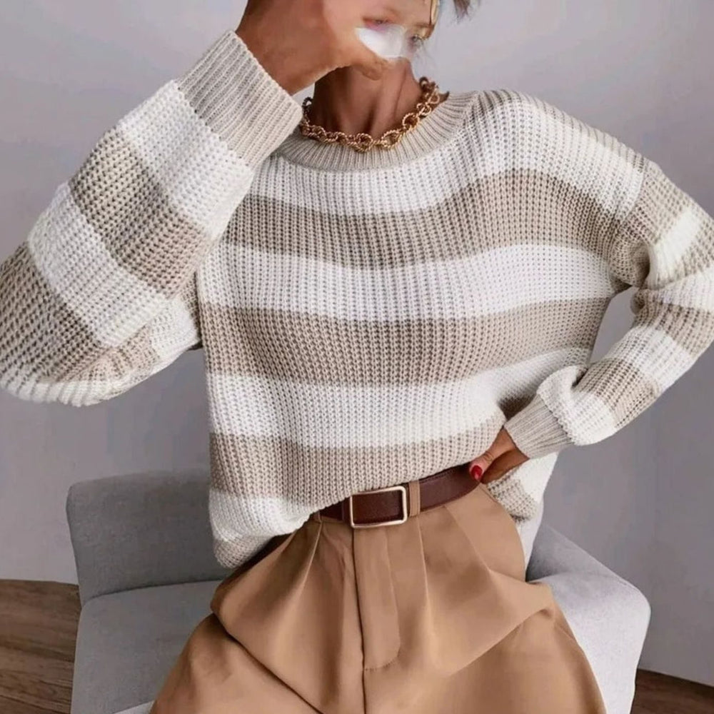 Women's Striped Crewneck Oversized Knit Cashmere Sweater