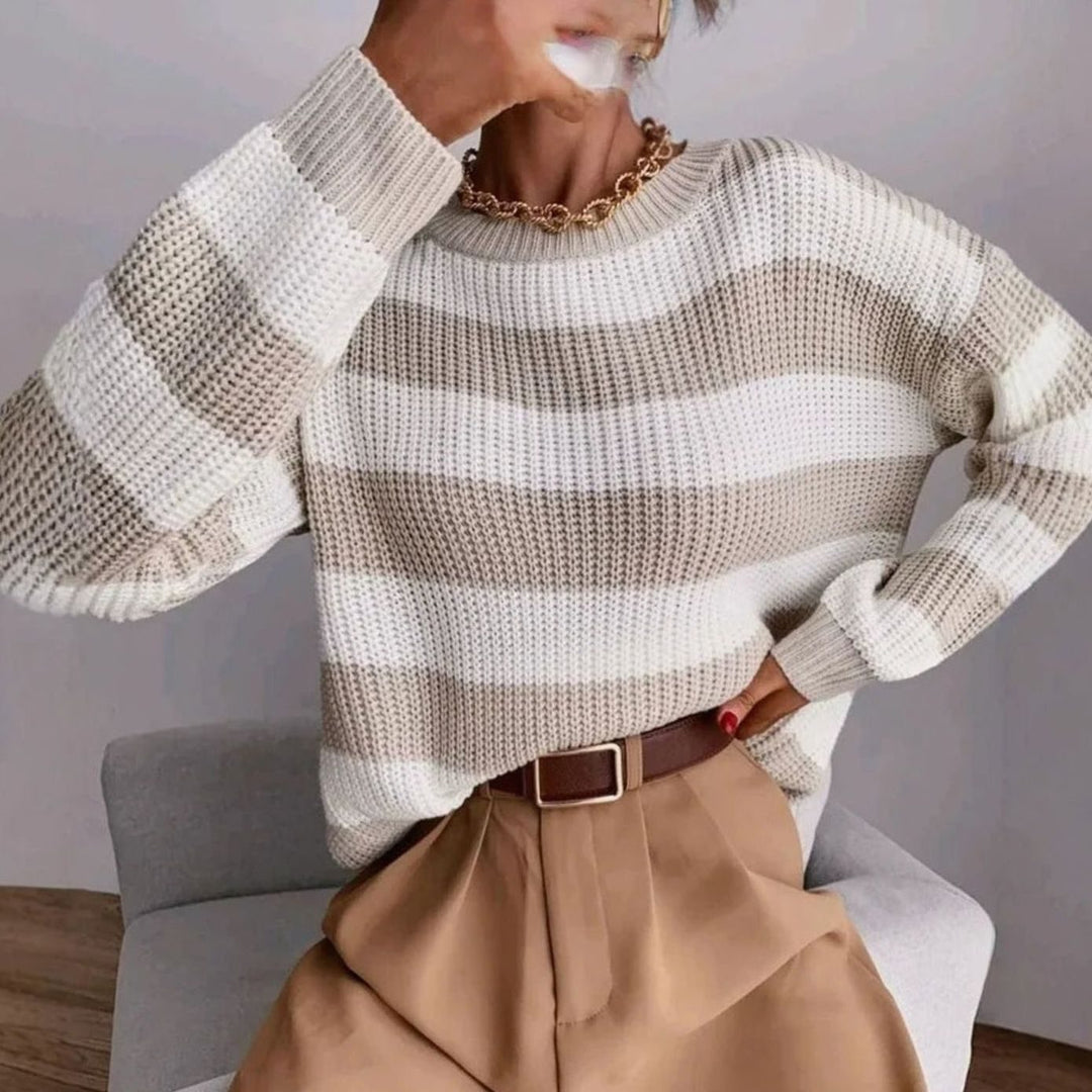 Women's Striped Crewneck Oversized Knit Cashmere Sweater