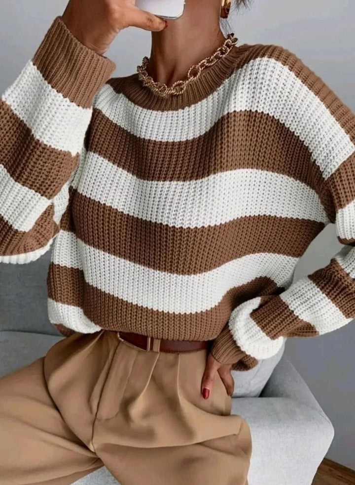 Women's Striped Crewneck Oversized Knit Cashmere Sweater - Brown