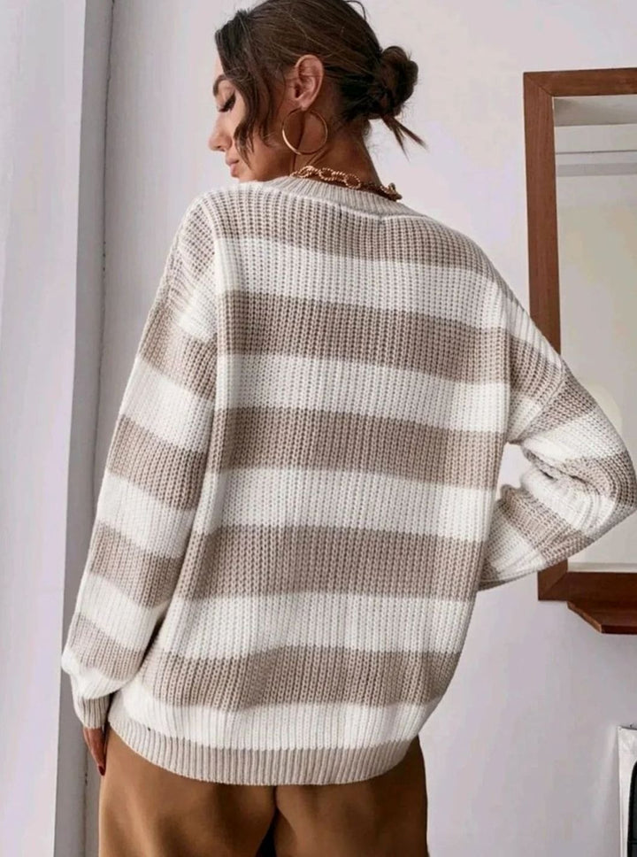 Women's Striped Crewneck Oversized Knit Cashmere Sweater - Apricot