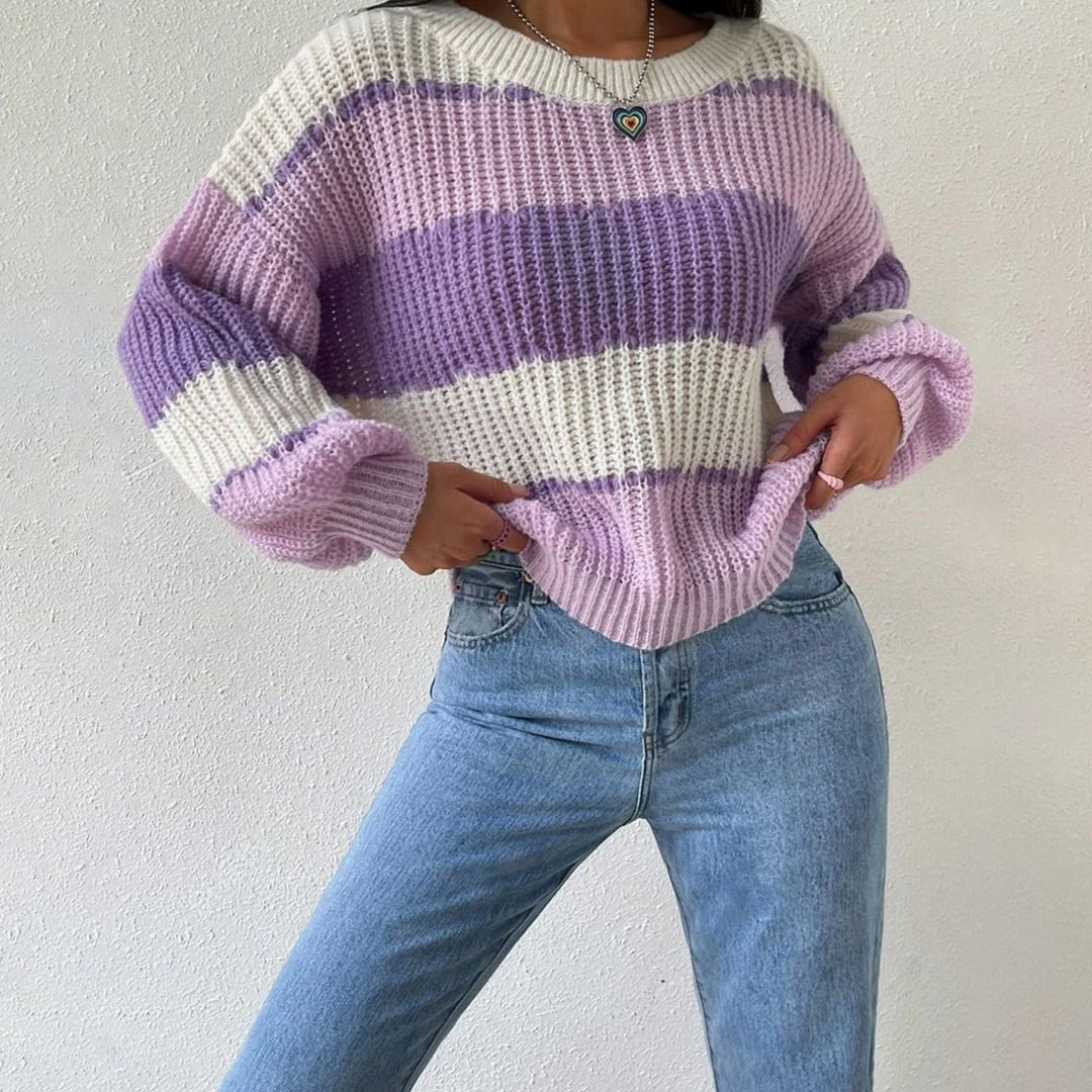 Women's Striped Relaxed-Fit Crewneck Knit Pullover Sweater - Purple