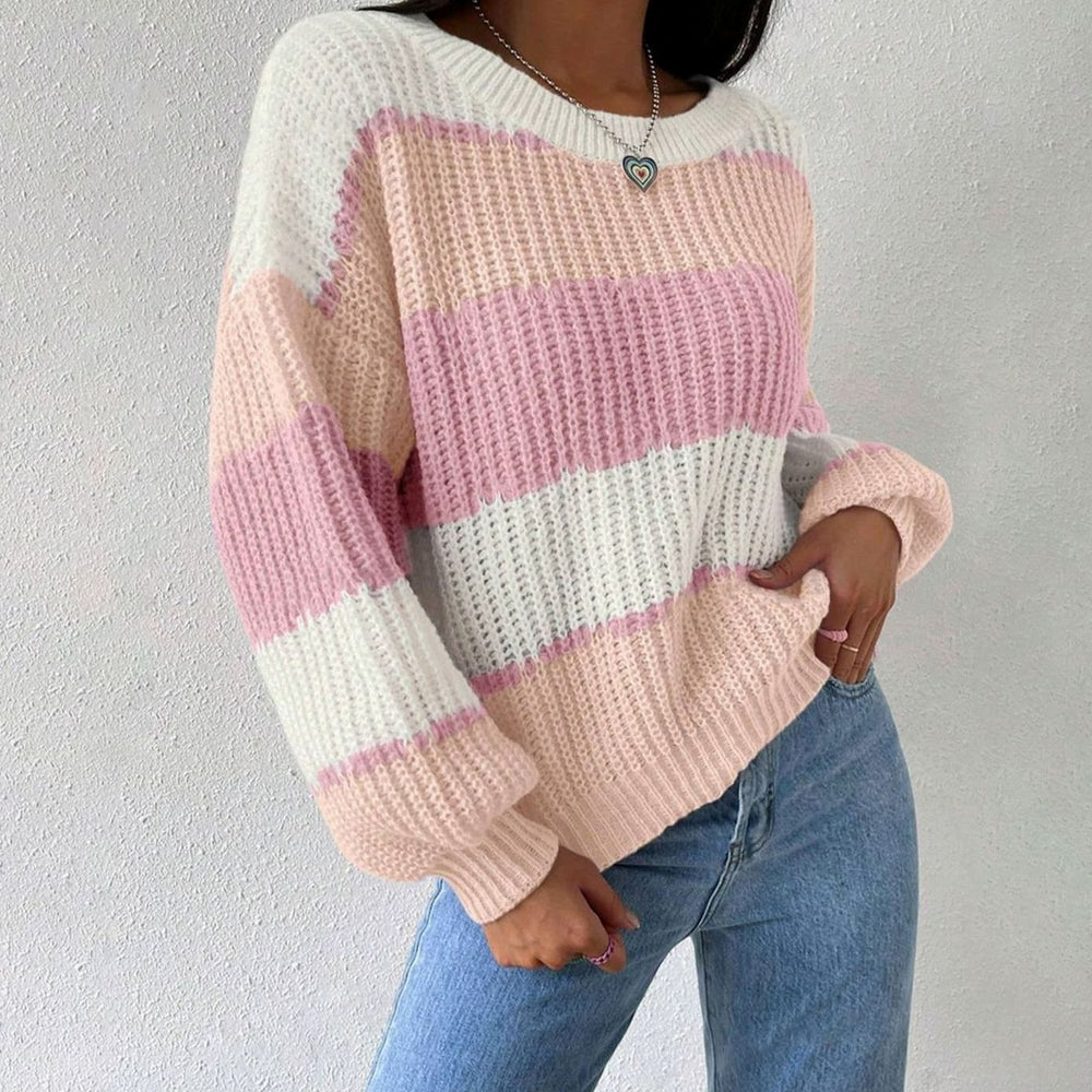 Women's Striped Relaxed-Fit Crewneck Knit Pullover Sweater - Pink