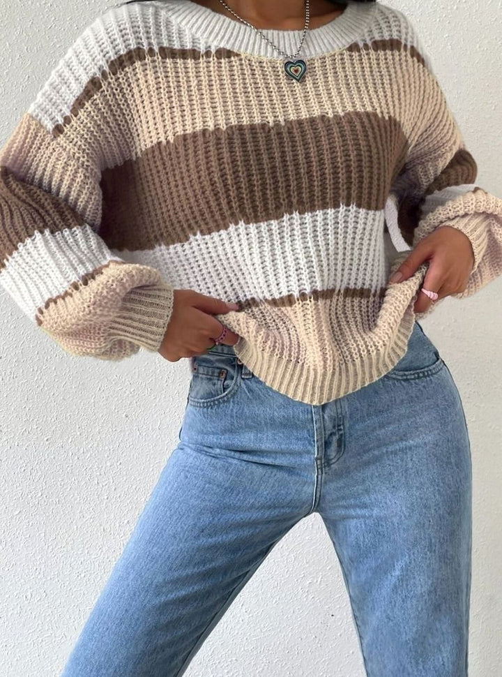 Women's Striped Relaxed-Fit Crewneck Knit Pullover Sweater - Brown