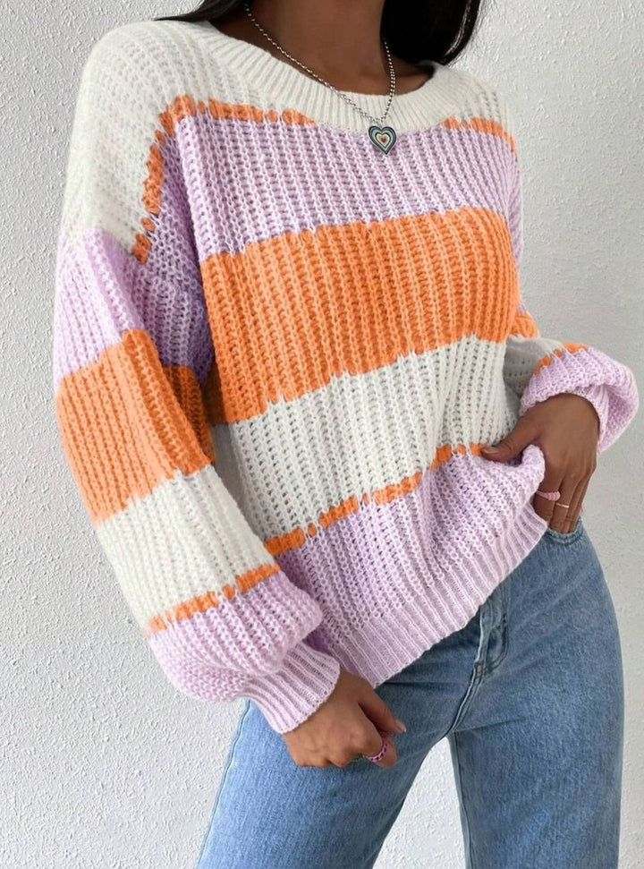 Women's Striped Relaxed-Fit Crewneck Knit Pullover Sweater - Orange