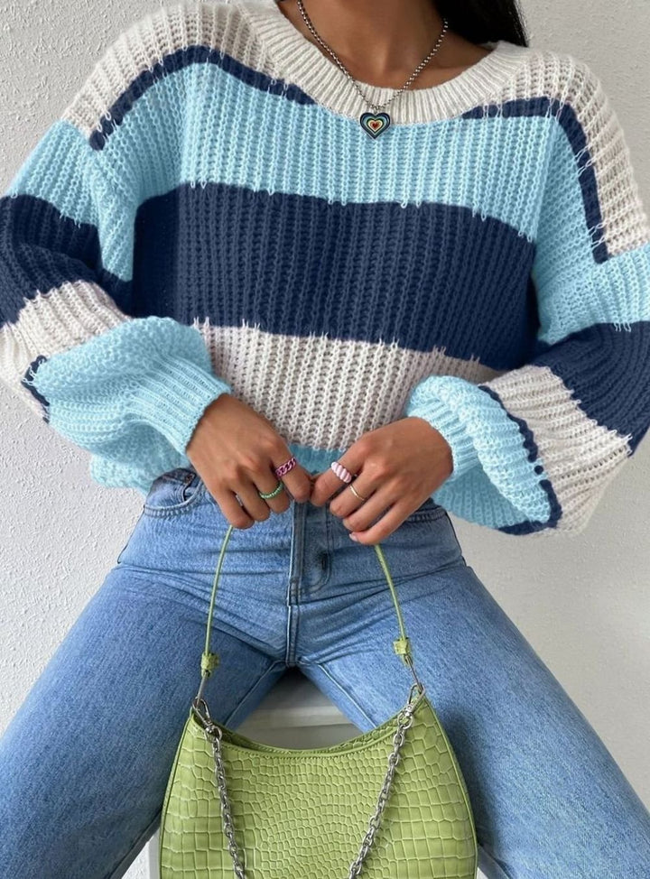 Women's Striped Relaxed-Fit Crewneck Knit Pullover Sweater - Blue