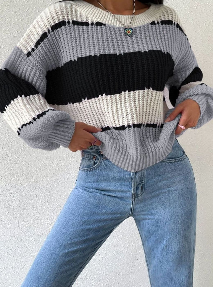 Women's Striped Relaxed-Fit Crewneck Knit Pullover Sweater - Black
