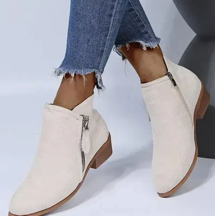 Women's Suede Block-Heel Zip Ankle Boots - Bone