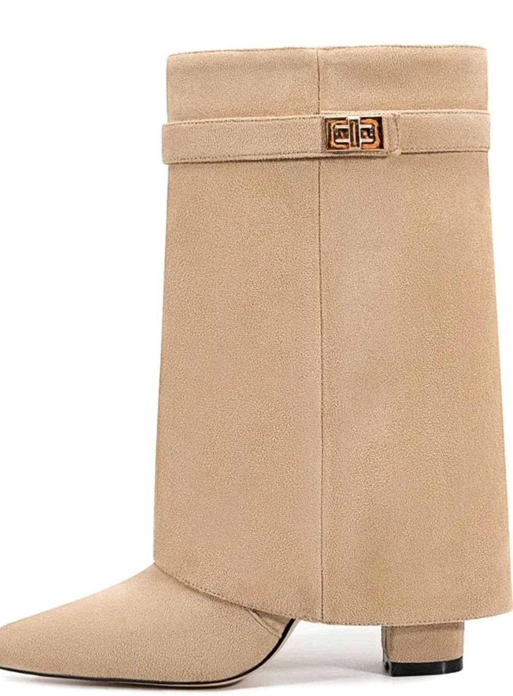 Women's Suede Fold-Over Knee-High Boots Gold Buckle Lock - Apricot Short