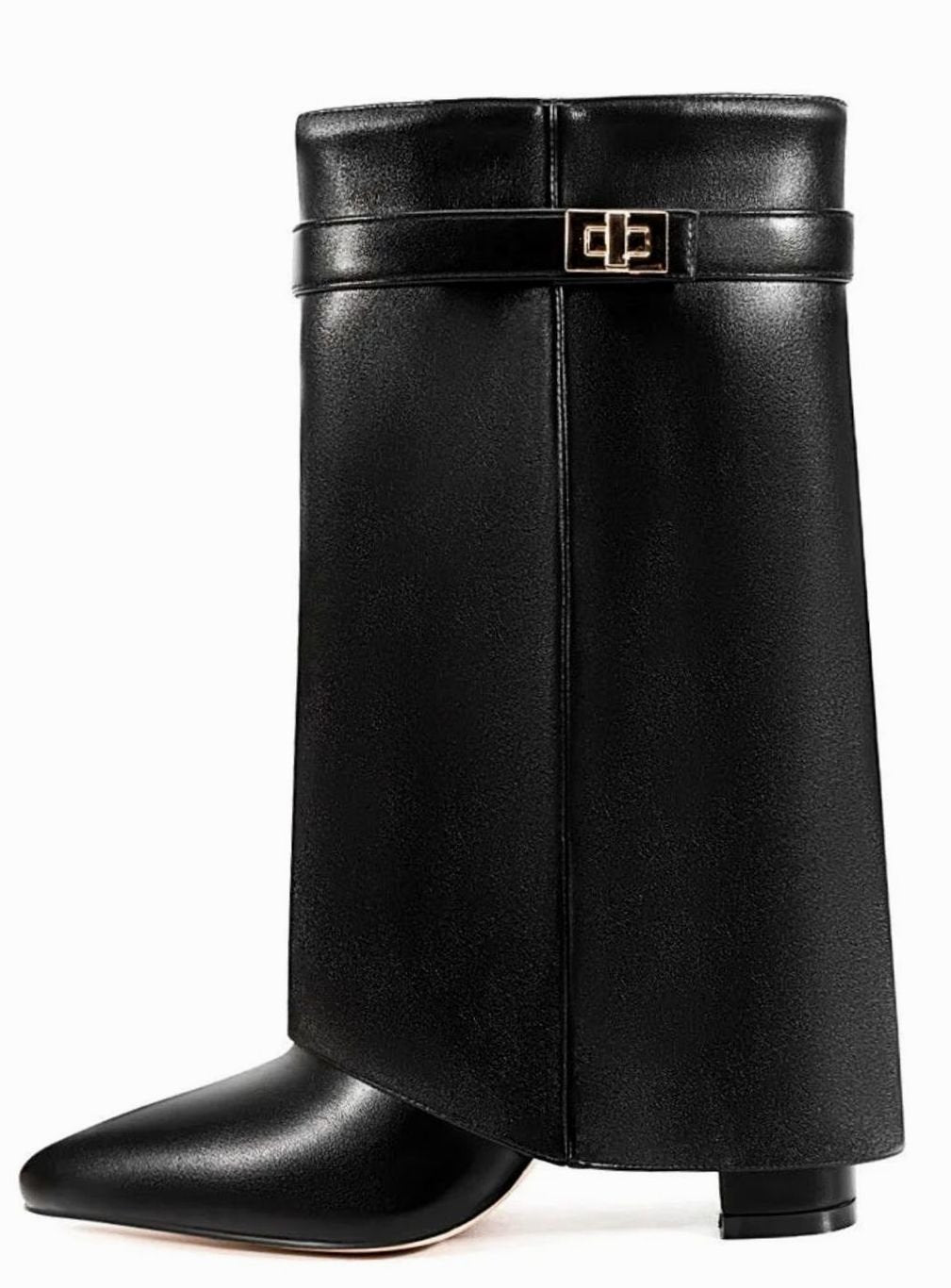Women's Suede Fold-Over Knee-High Boots Gold Buckle Lock - Black Faux Leather Short