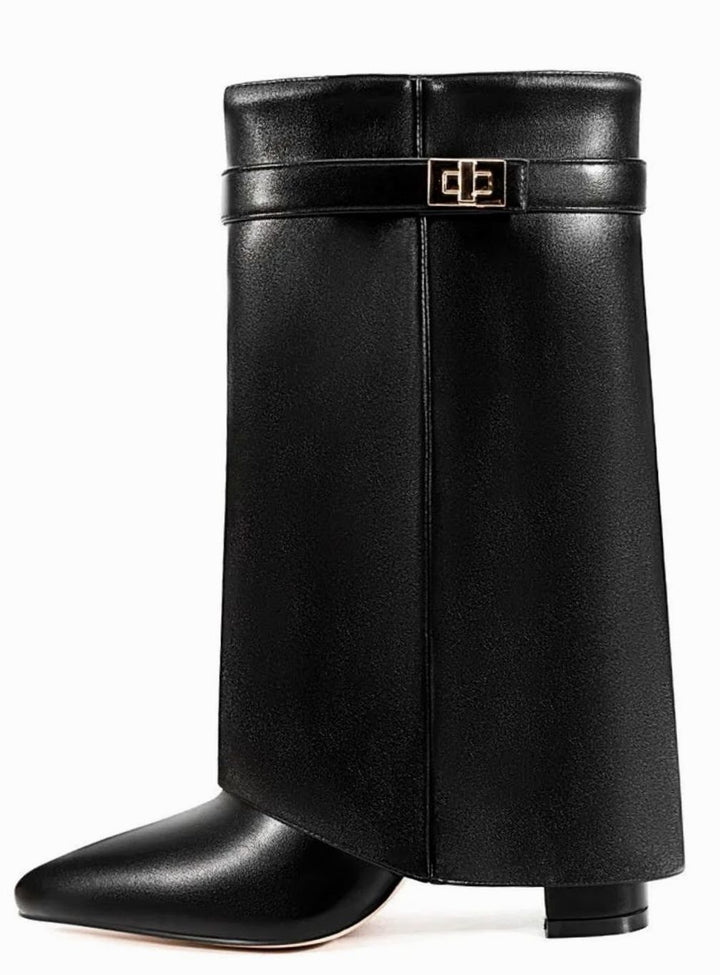 Women's Suede Fold-Over Knee-High Boots Gold Buckle Lock - Black Faux Leather Short