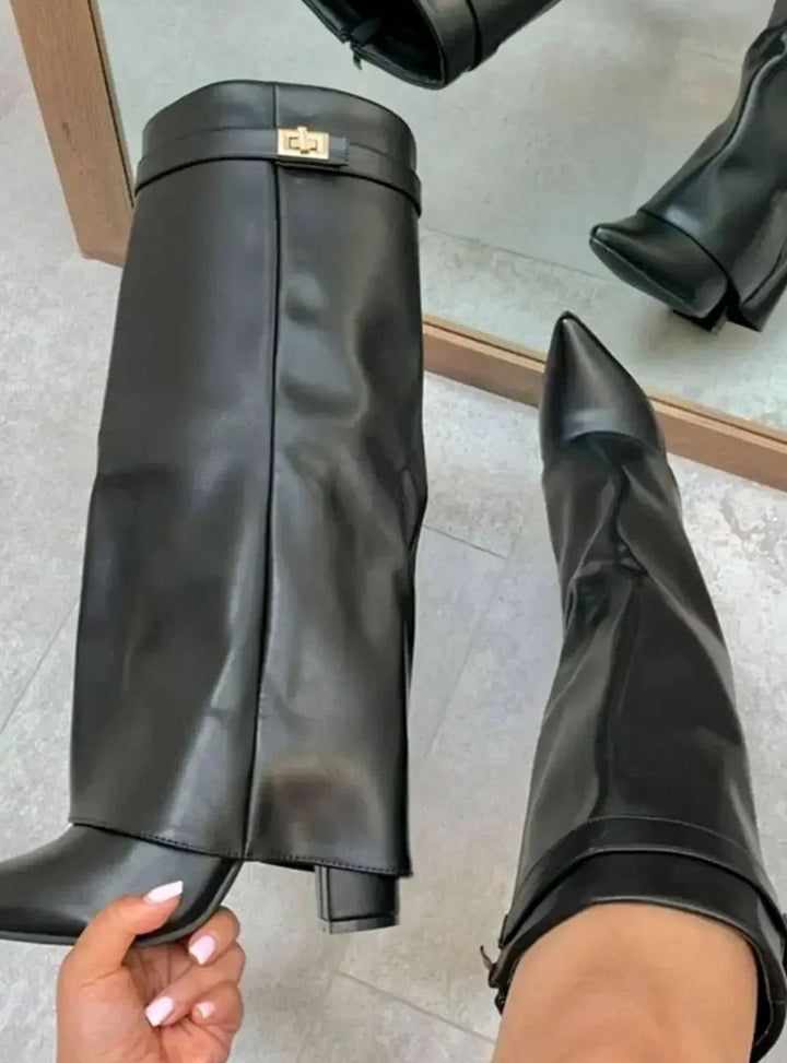 Women's Suede Fold-Over Knee-High Boots Gold Buckle Lock