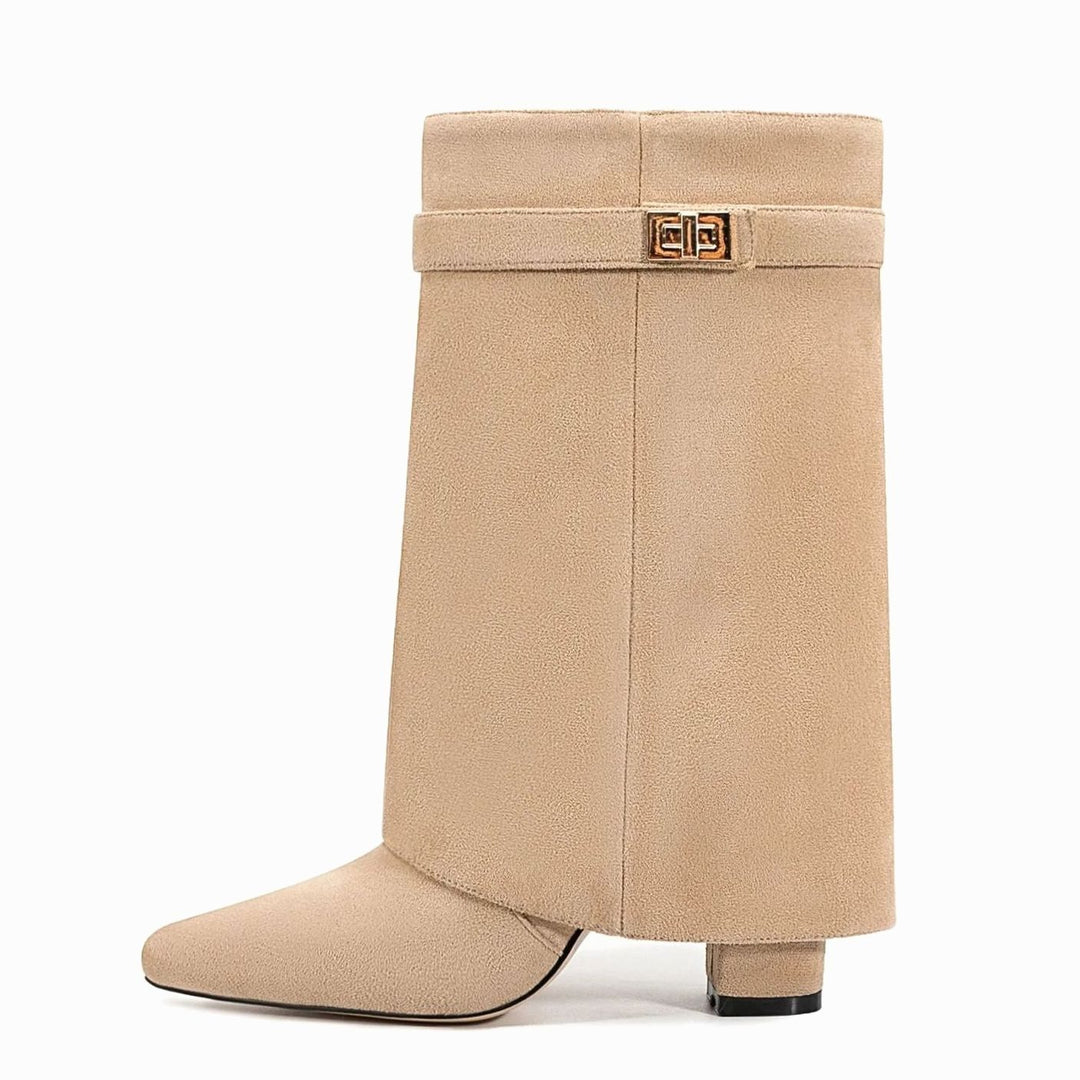 Women's Suede Fold-Over Knee-High Boots Gold Buckle Lock