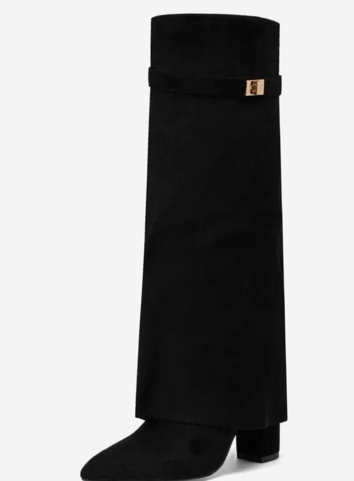 Women's Suede Fold-Over Knee-High Boots Gold Buckle Lock - Black Suede