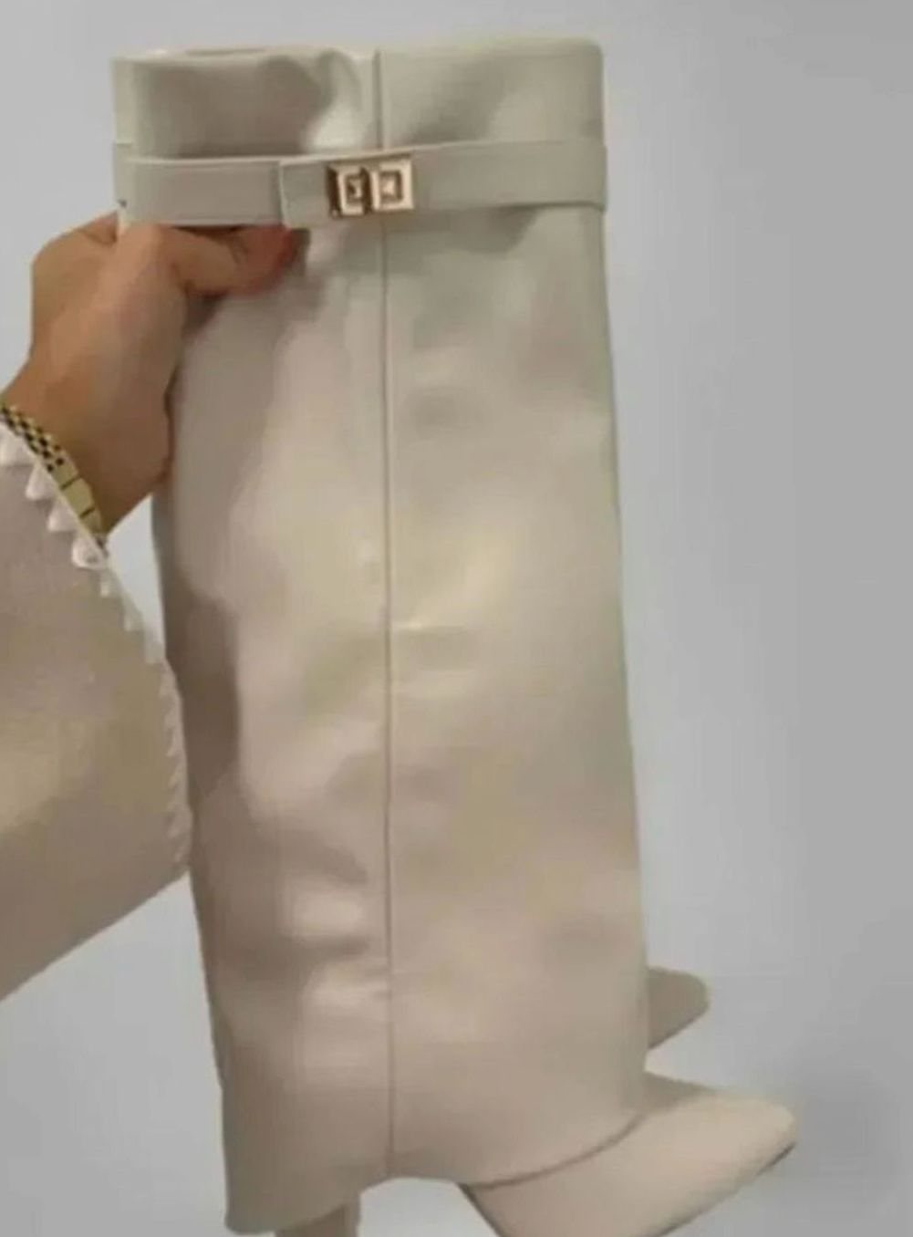 Women's Suede Fold-Over Knee-High Boots Gold Buckle Lock - White