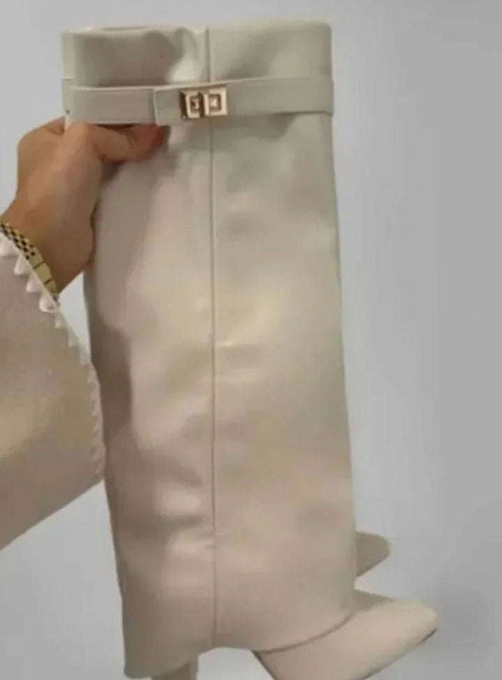 Women's Suede Fold-Over Knee-High Boots Gold Buckle Lock - White