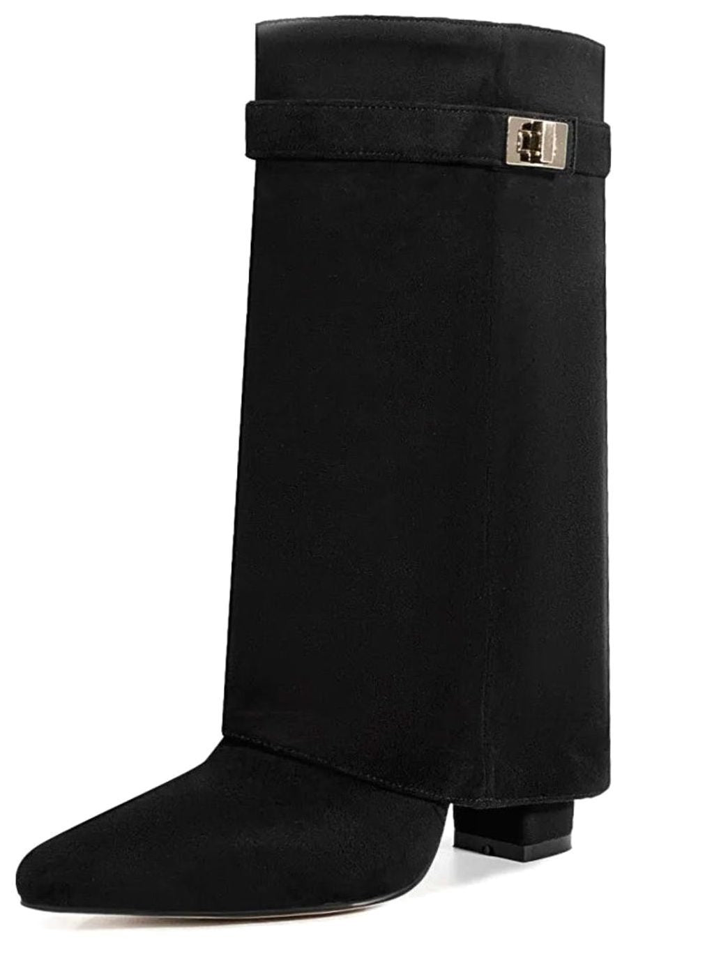 Women's Suede Fold-Over Knee-High Boots Gold Buckle Lock - Black Suede Short
