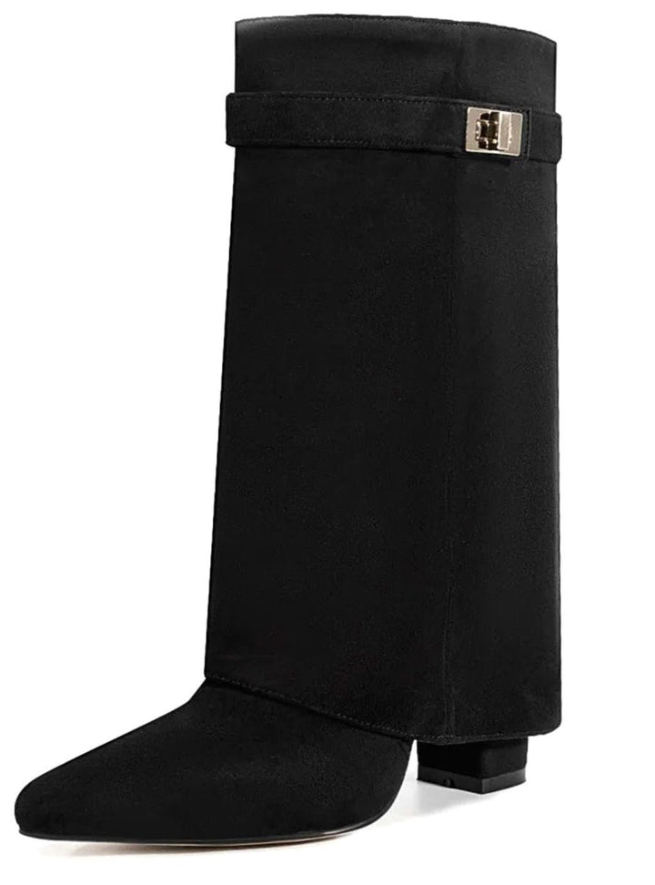 Women's Suede Fold-Over Knee-High Boots Gold Buckle Lock - Black Suede Short