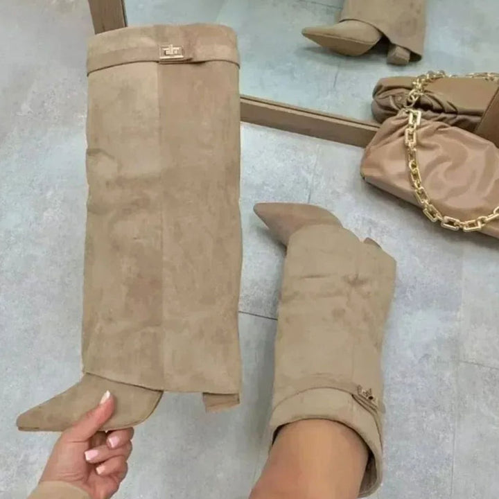 Women's Suede Fold-Over Knee-High Boots Gold Buckle Lock - Apricot Suede