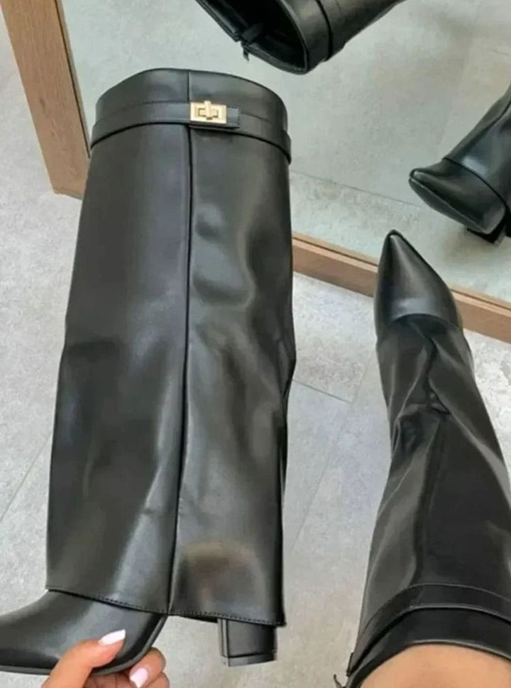 Women's Suede Fold-Over Knee-High Boots Gold Buckle Lock - Black