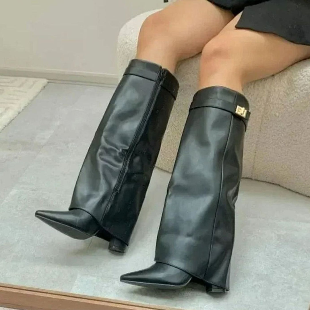 Women's Suede Fold-Over Knee-High Boots Gold Buckle Lock