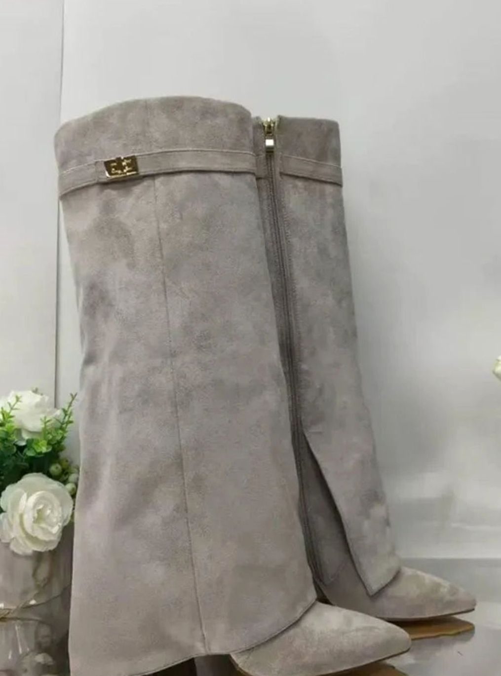 Women's Suede Fold-Over Knee-High Boots Gold Buckle Lock - Gray