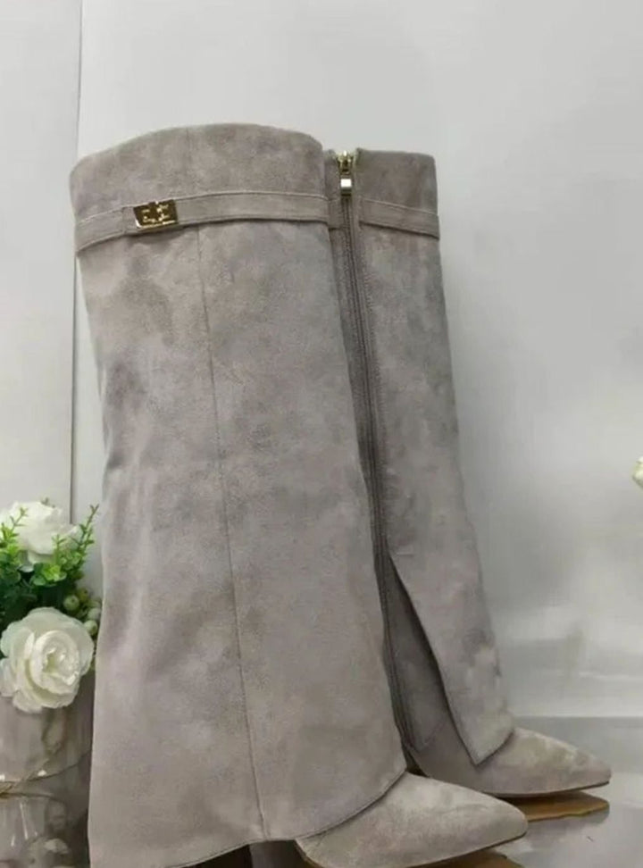 Women's Suede Fold-Over Knee-High Boots Gold Buckle Lock - Gray