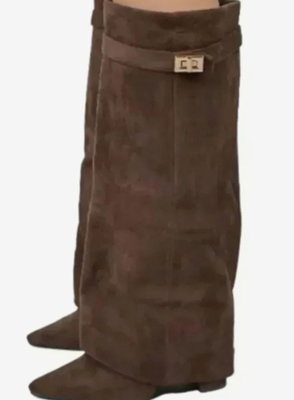 Women's Suede Fold-Over Knee-High Boots Gold Buckle Lock - Brown Suede