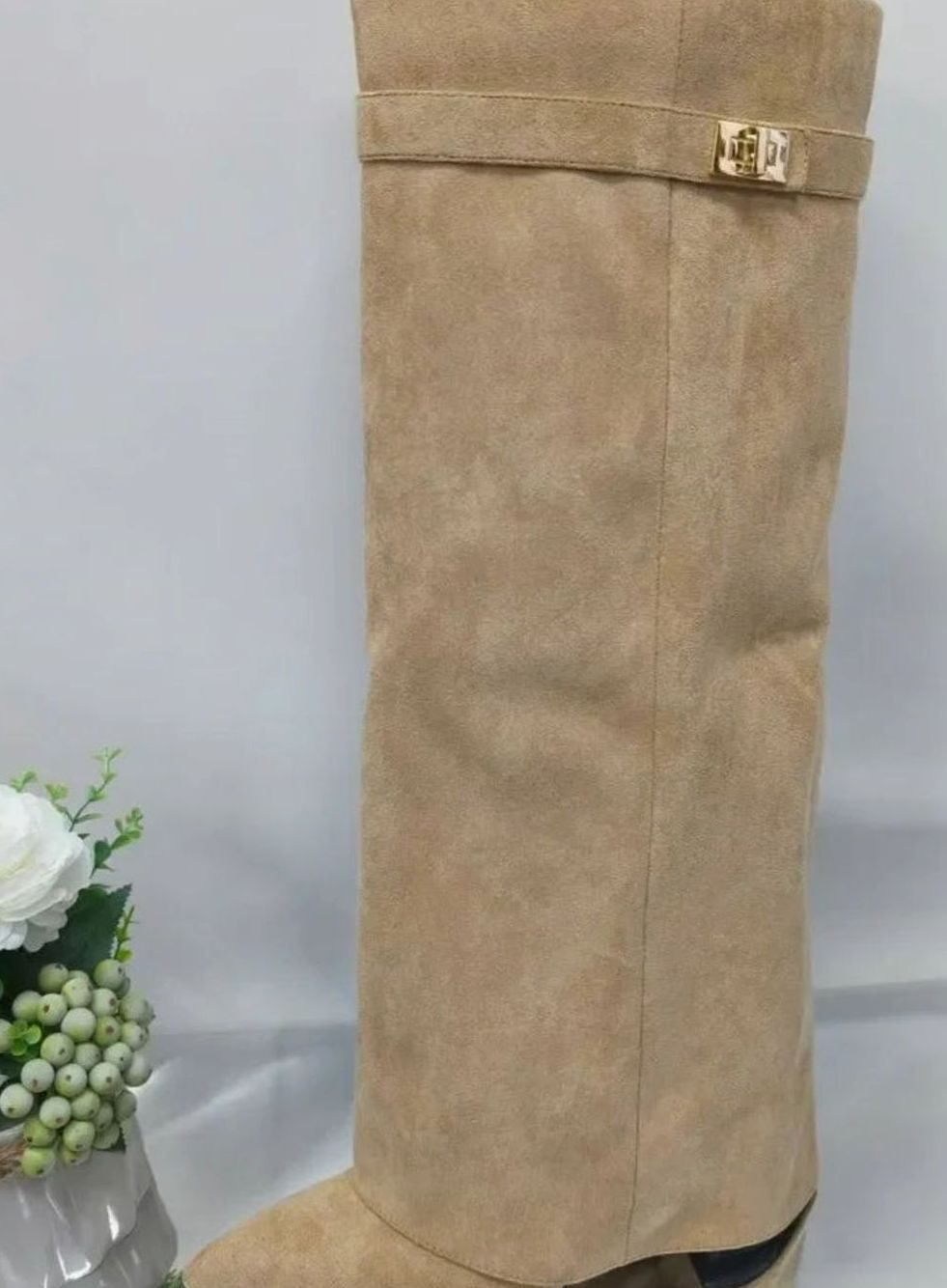 Women's Suede Over-the-Knee Fold-Over Buckle Boots - Apricot