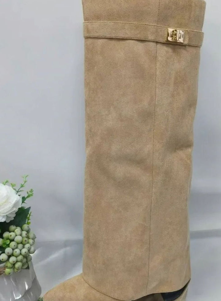 Women's Suede Over-the-Knee Fold-Over Buckle Boots - Apricot