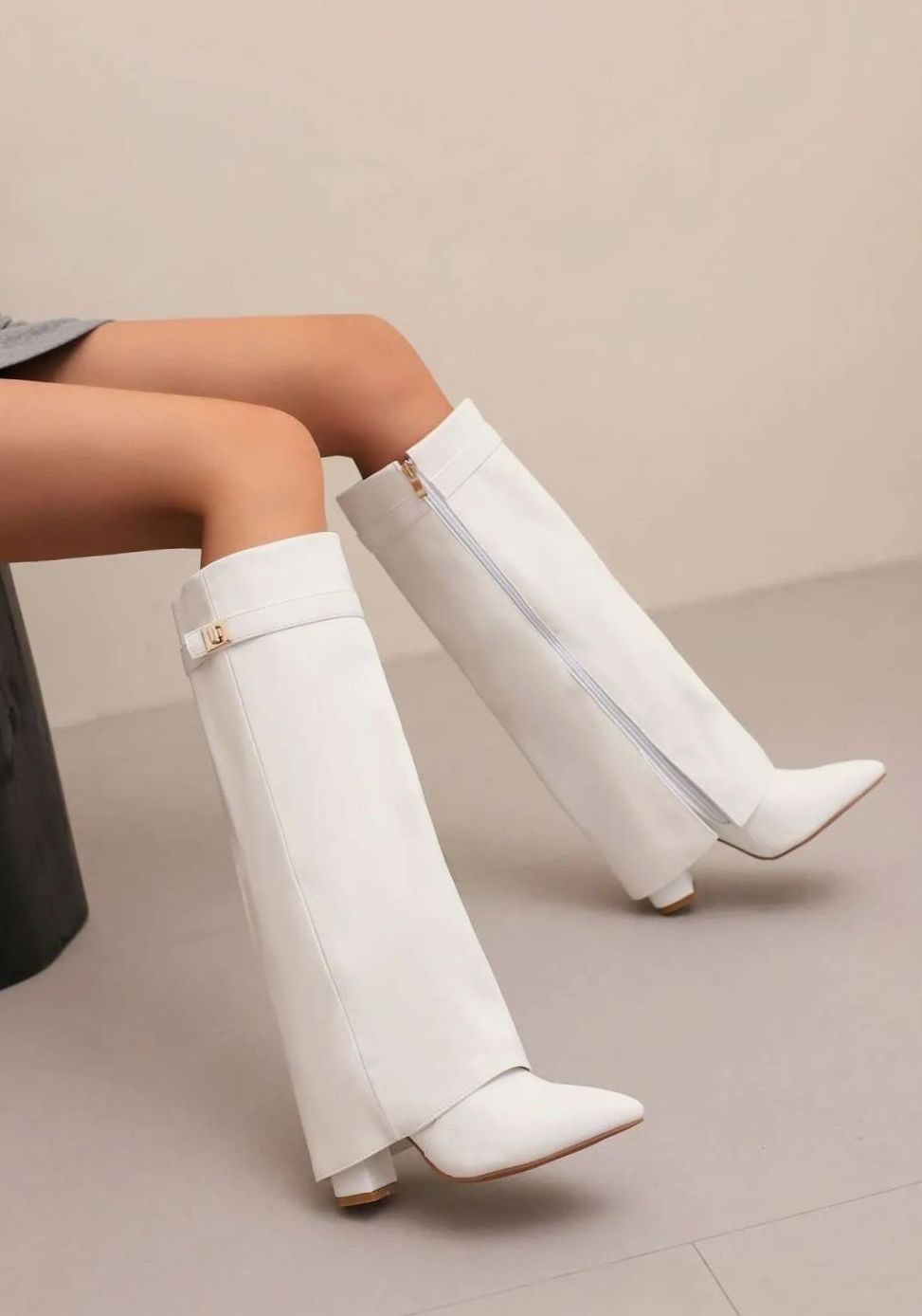 Women's Suede Over-the-Knee Fold-Over Buckle Boots - White Plush