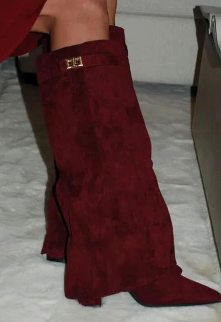 Women's Suede Over-the-Knee Fold-Over Buckle Boots - Red Suede