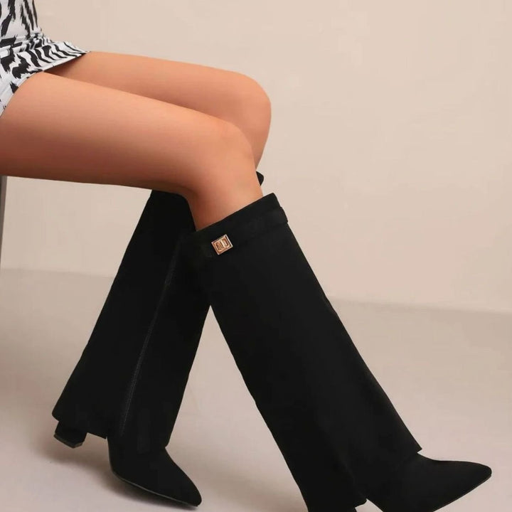 Women's Suede Over-the-Knee Fold-Over Buckle Boots - Suede Plush