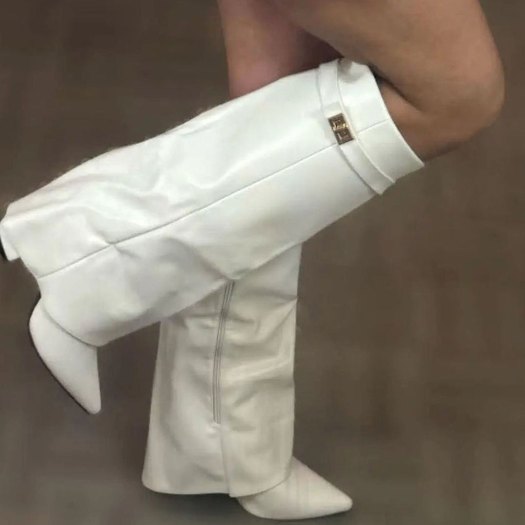 Women's Suede Over-the-Knee Fold-Over Buckle Boots - White