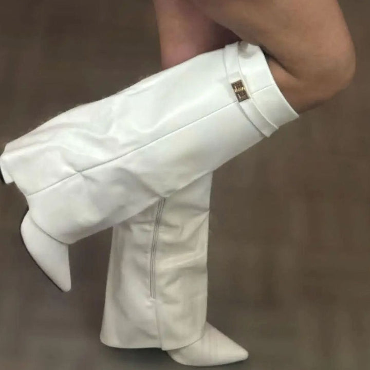 Women's Suede Over-the-Knee Fold-Over Buckle Boots - White
