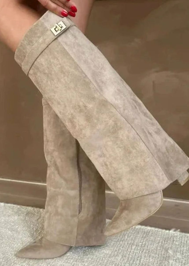Women's Suede Over-the-Knee Fold-Over Buckle Boots