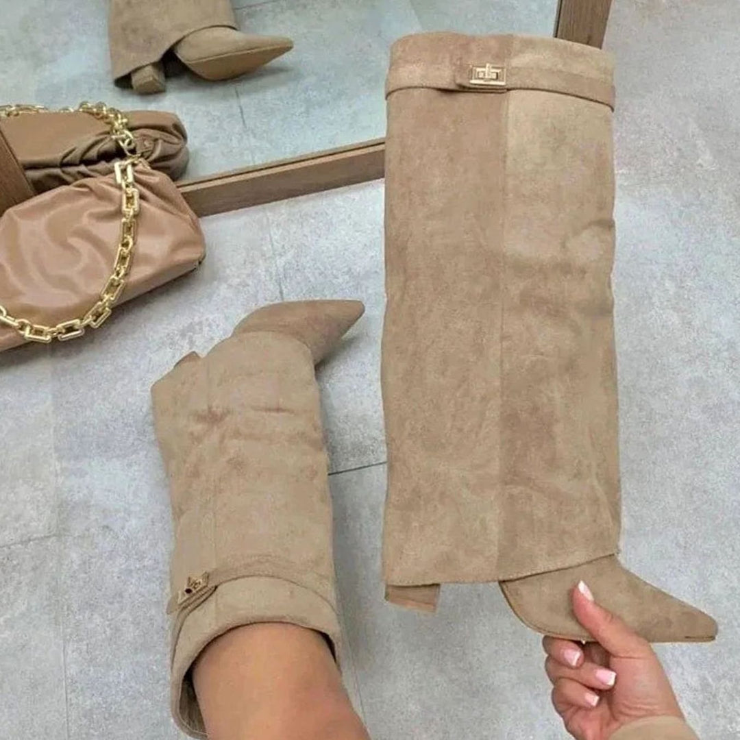 Women's Suede Over-the-Knee Fold-Over Buckle Boots - Apricot Plush