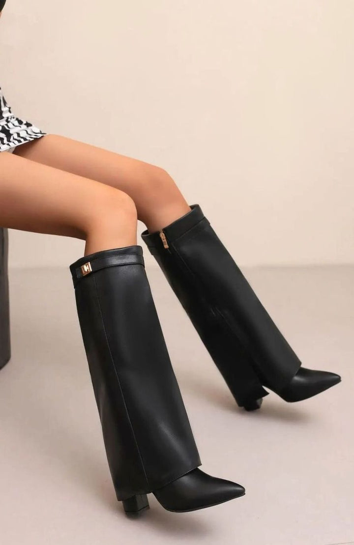 Women's Suede Over-the-Knee Fold-Over Buckle Boots - Black Plush