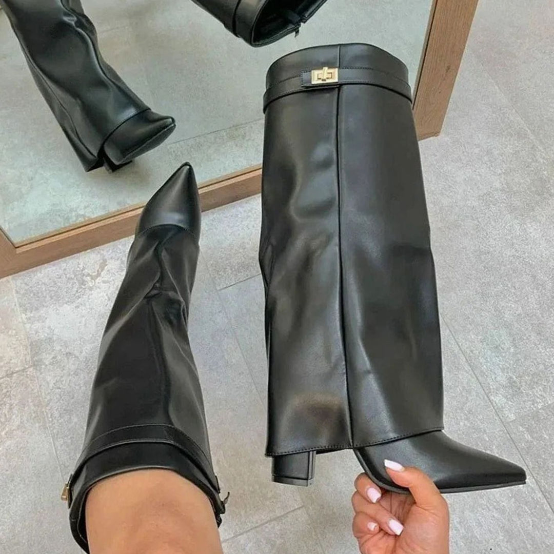 Women's Suede Over-the-Knee Fold-Over Buckle Boots - Black Suede