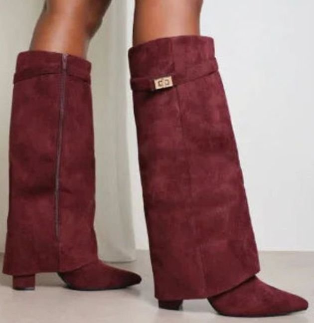 Women's Suede Over-the-Knee Fold-Over Buckle Boots - Red Suede Plush