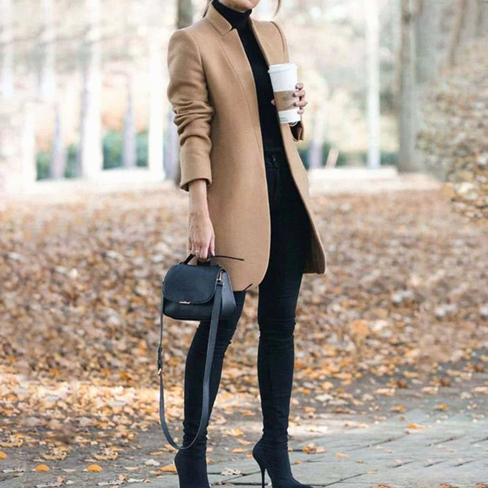 Women's Tailored Lapel Long Winter Coat - Khaki