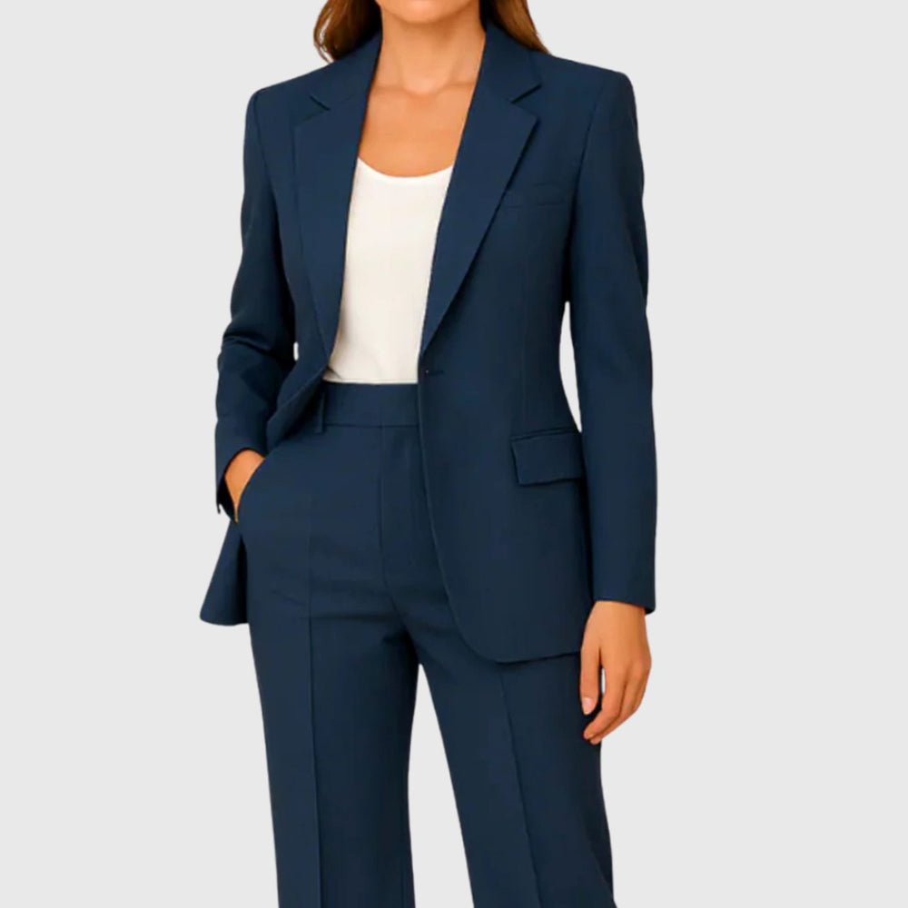 Women's Tailored Single-Button Blazer Straight-Leg Suit Set - Navy